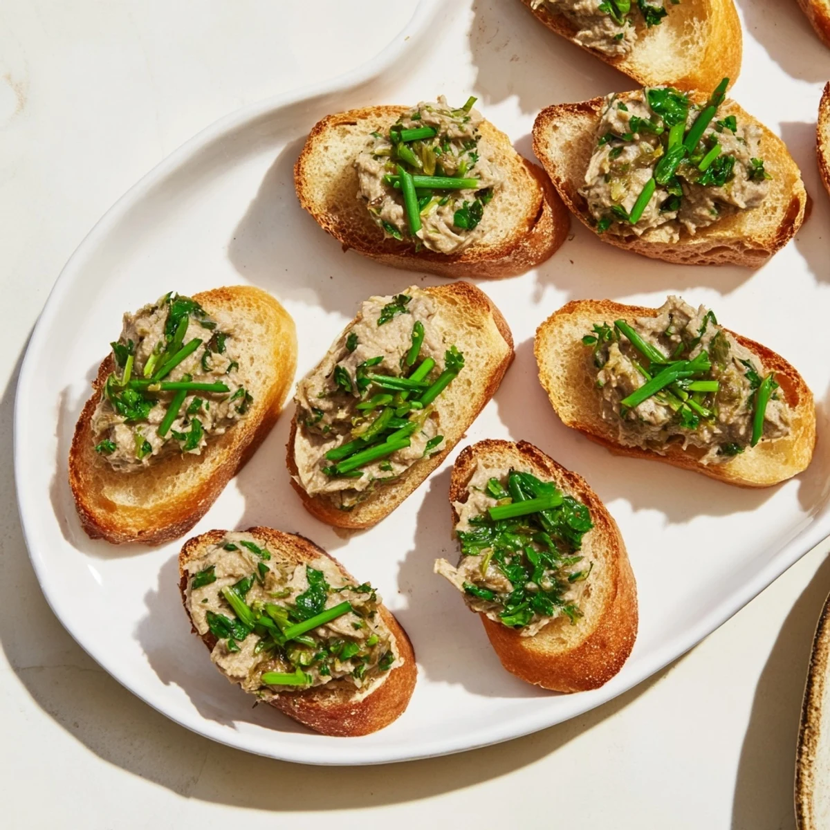 Elegant presentation of golden, toasted baguette topped with creamy Burgundy Snail Pâté Bites, ready to eat.