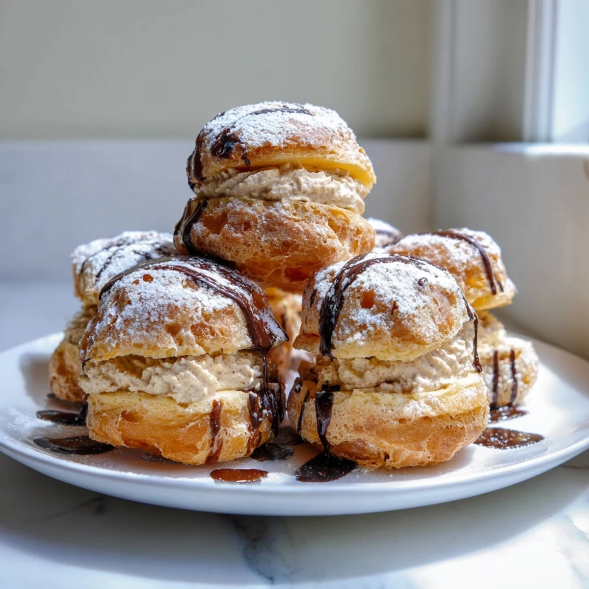 Golden-brown Quick Chestnut Cream Puff Tower, filled with creamy chestnut filling and dusted with powdered sugar.