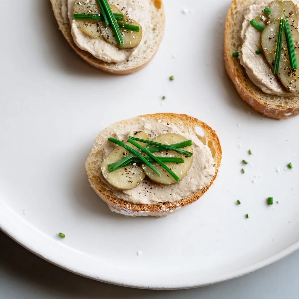 Golden toasted baguette slices topped with lightened Foie Gras Mousse and cornichon garnish.