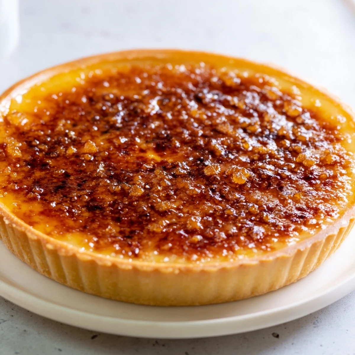 Golden-brown Express Crème Brûlée Frosting Tartlets with caramelized sugar crust on a white plate.