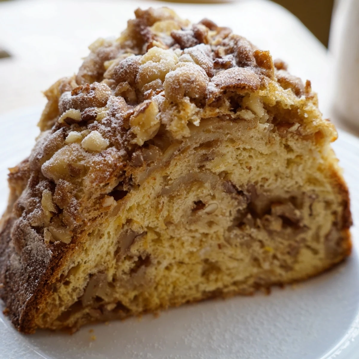 Close-up of a warm Budget French Walnut Cake with visible walnut pieces ready to serve.
