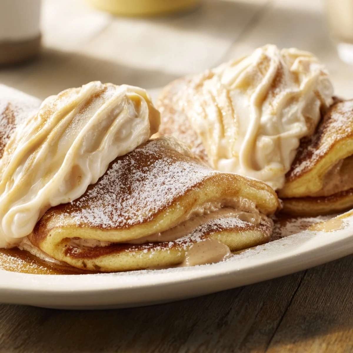 Quick Crème de Marron Pancakes, stacked high, drizzled with chestnut cream and dusted sugar.