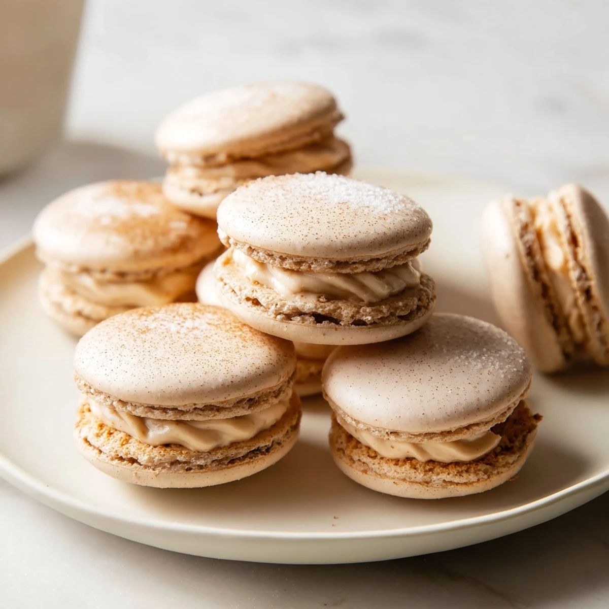 A close-up shot of homemade Budget Gingerbread Macarons, showing the creamy filling's texture.
