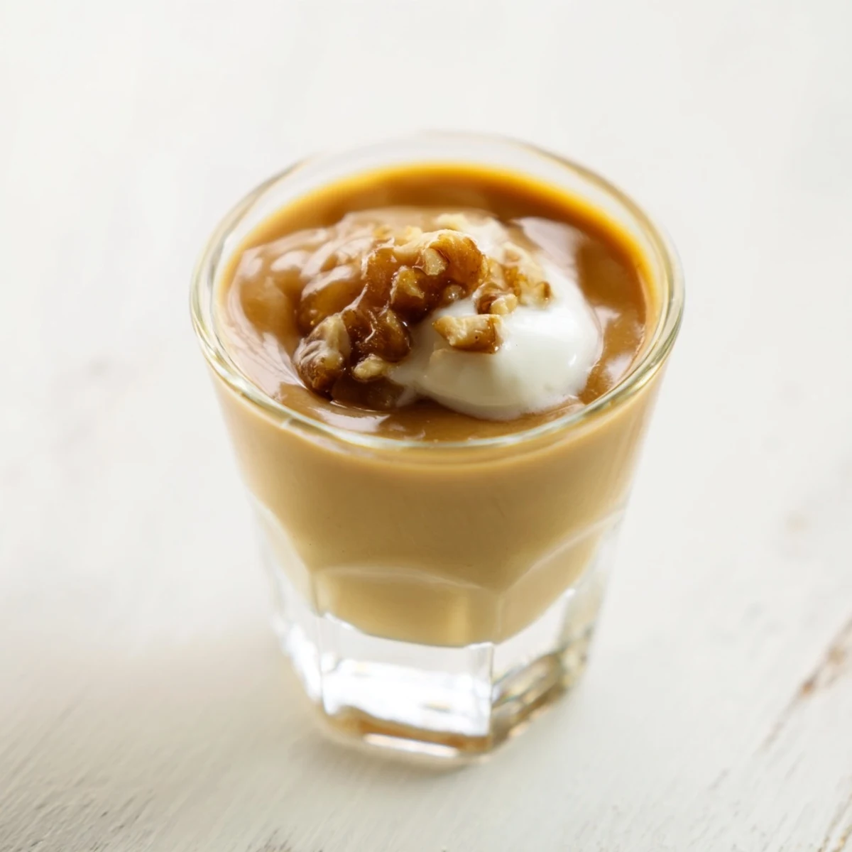 Velvety smooth Quick Chestnut Soup Shooter, garnished with fresh chives, ready to serve as a starter.