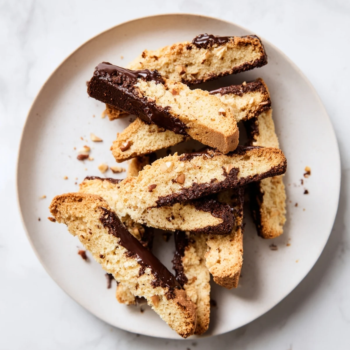 A close-up shot of crispy, hazelnut-studded Air Fryer French Hazelnut Biscotti, ready to enjoy.