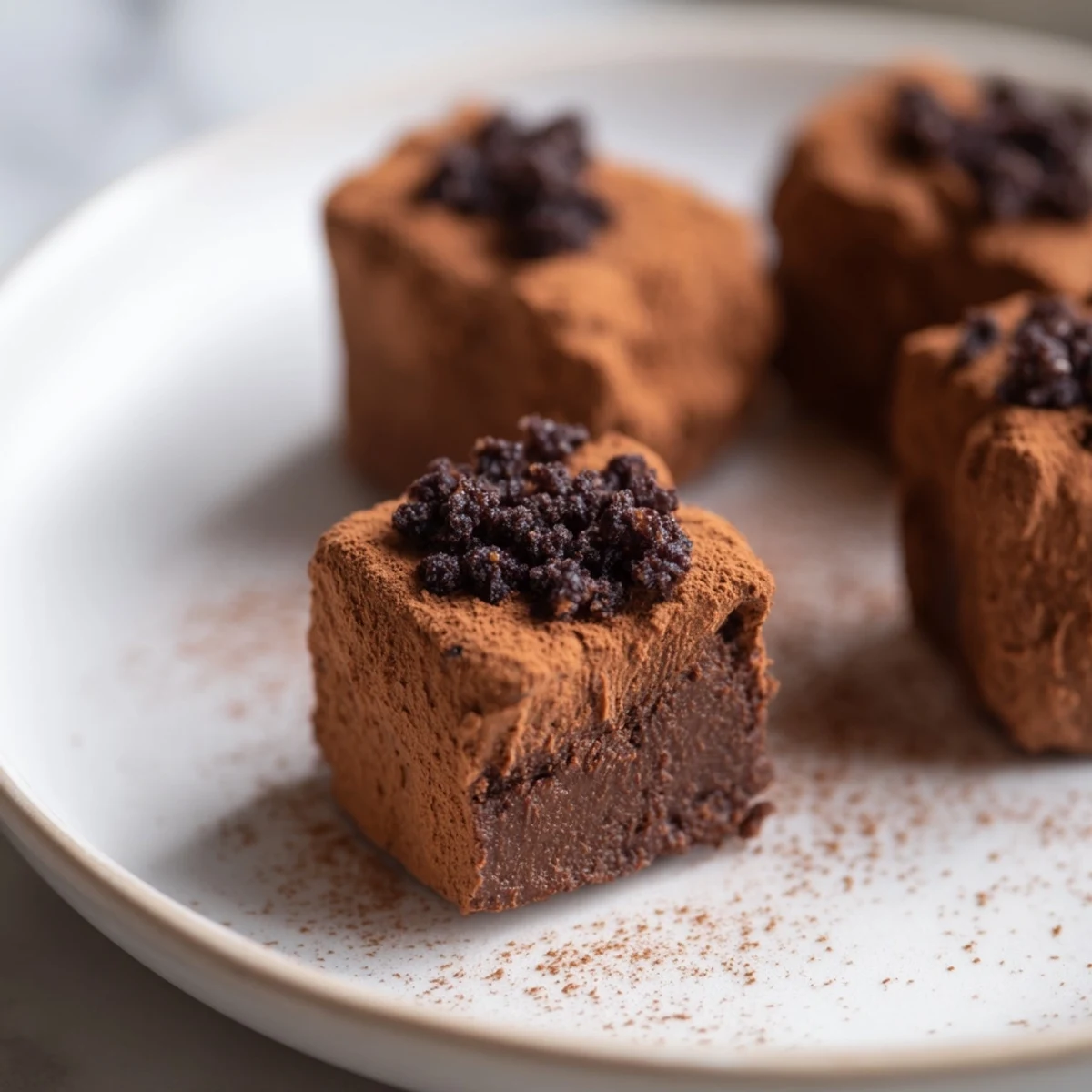 Close-up of decadent Express Chestnut Truffle Bites, coated in cocoa, perfect for holiday dessert.