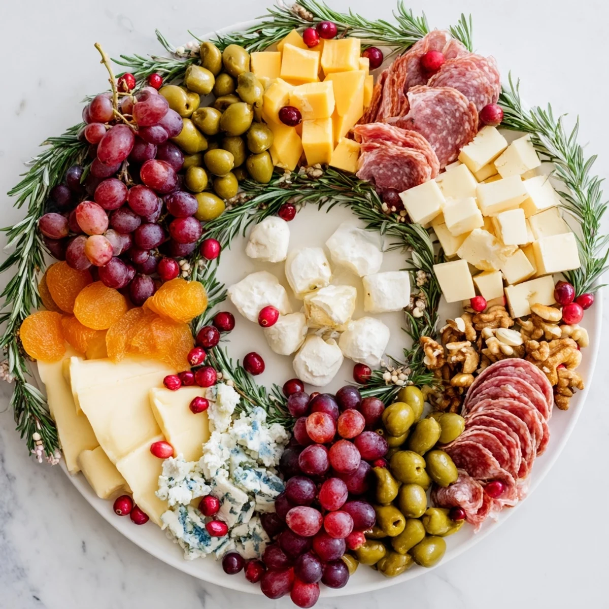 Holiday Wreath Cheese Platter, a festive, colorful arrangement of cheeses, meats, and fruits perfect for holiday gatherings.