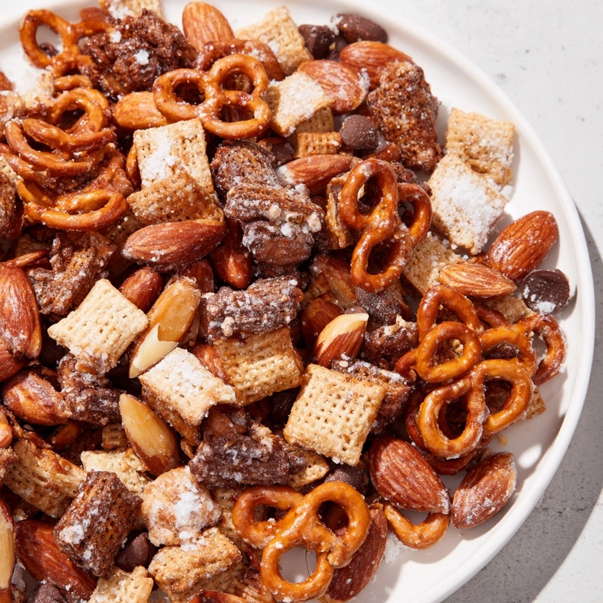 Homemade Festive pine cone snack mix, featuring a mix of pretzels and nuts for a sweet and savory bite.