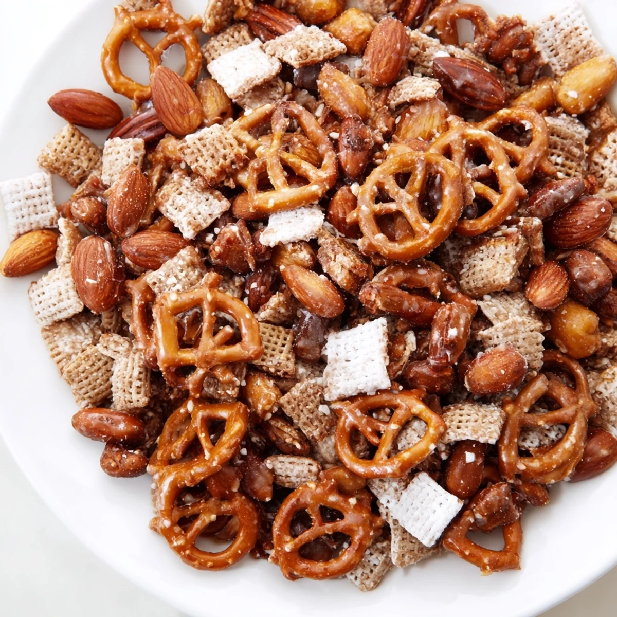 Festive pine cone snack mix, golden and crunchy, coated in a sweet glaze and dotted with chocolate chips.