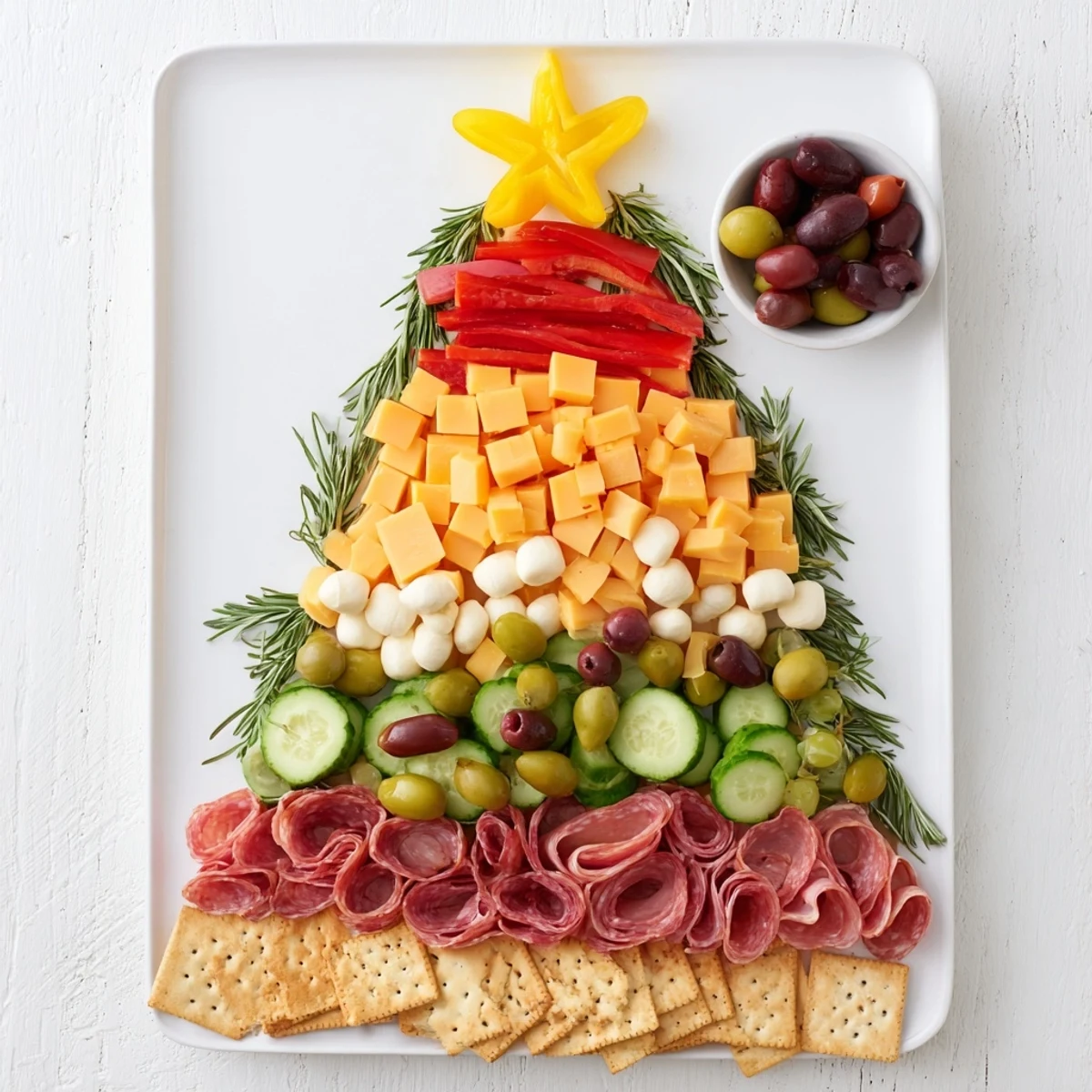 Christmas Tree Snack Board laden with cheeses, meats, fruits, and crackers, ready to enjoy at a holiday party.
