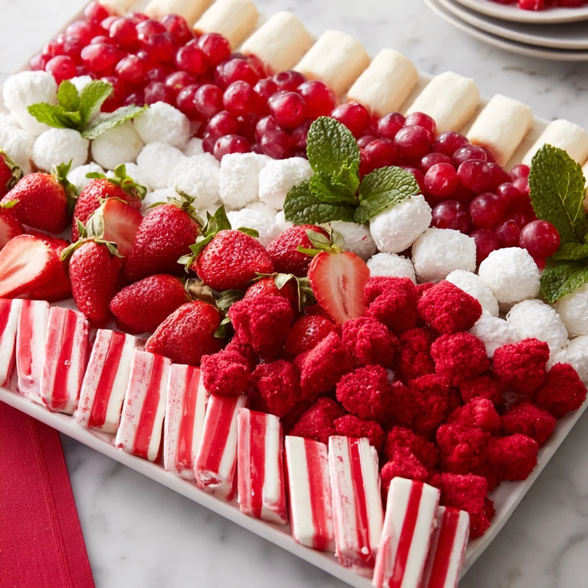 A candy cane striped platter showcases a delightful array of red and white holiday treats.