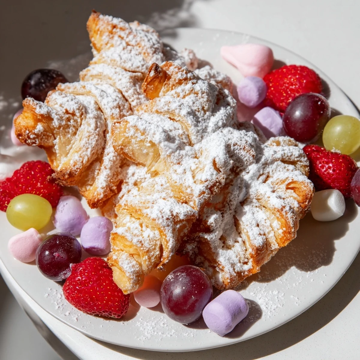 A beautifully arranged board of crispy Polish angel wings with colorful candies and fruit.