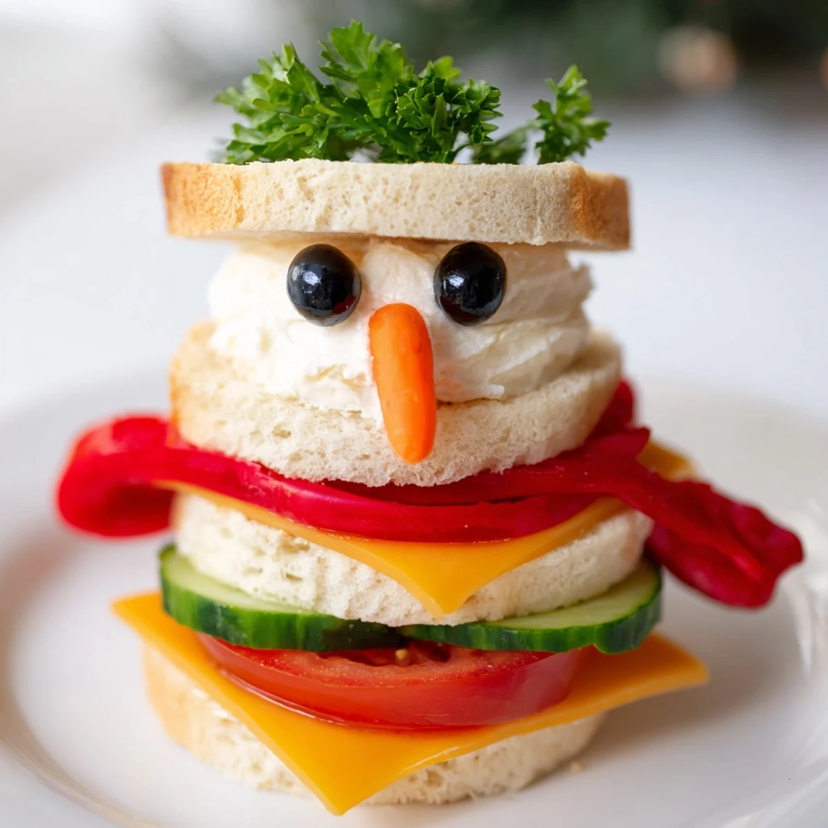 Festive snowman sandwich stack featuring layers of cheese, cucumber, and tomato, ready to eat.