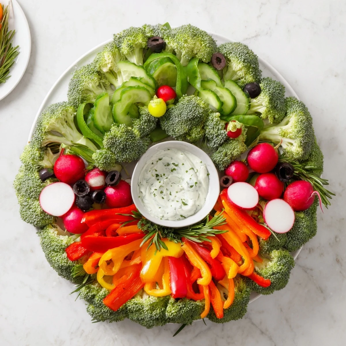 Wreath Veggie Dip Platter: A vibrant, colorful veggie wreath with creamy dip, perfect for a party appetizer.