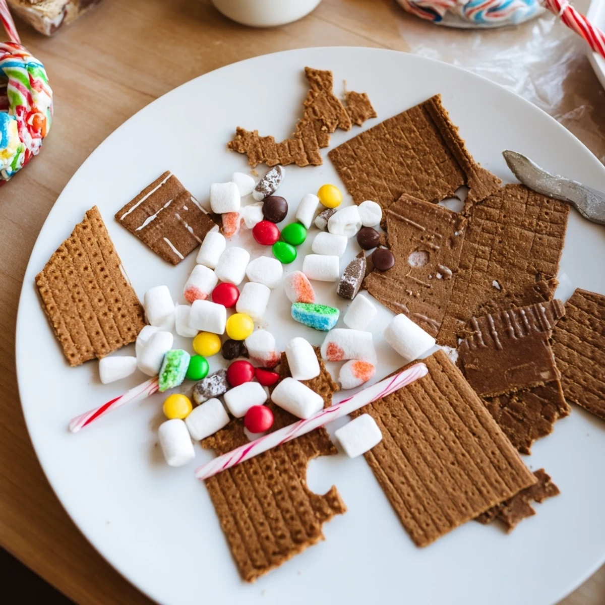 Golden gingerbread house board laden with candies, a fun holiday dessert for guests to build and enjoy.