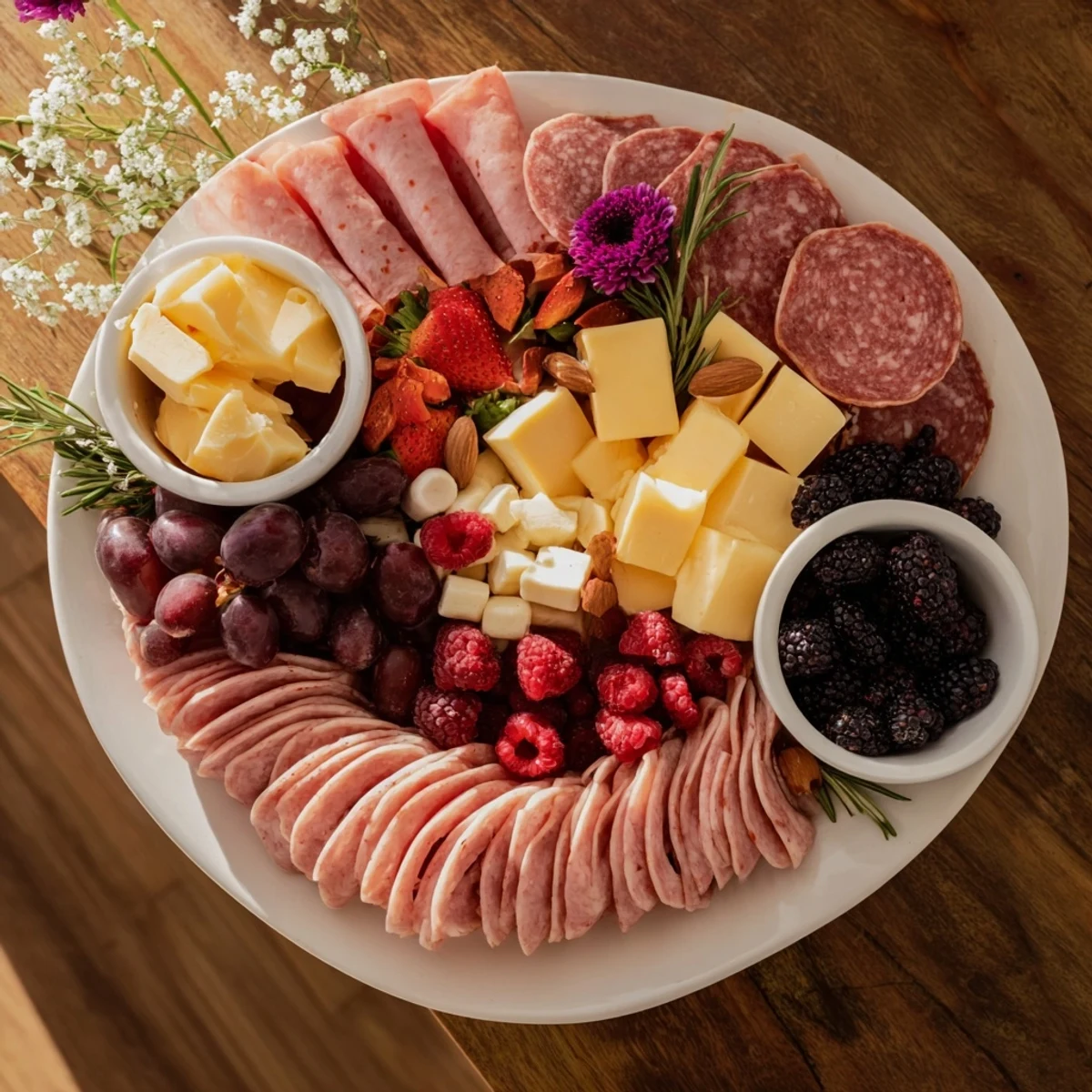 A beautifully arranged heart-shaped charcuterie board with meats, cheeses, and fresh fruits looks delicious.