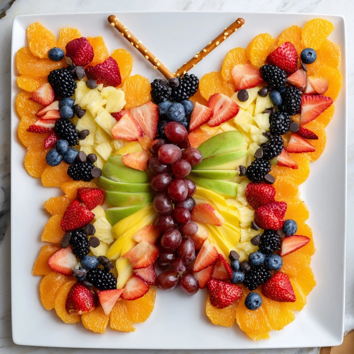 Vibrant Monarch Magic Fruit Butterfly Tray, showcasing an array of colorful fresh fruits arranged artistically.