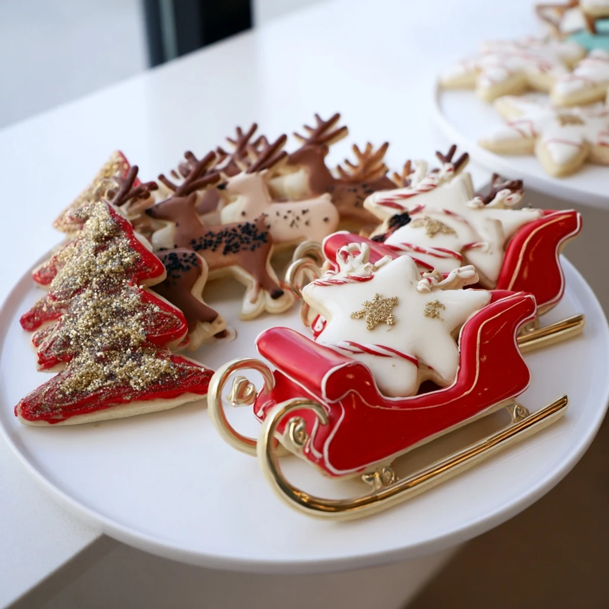 A beautifully decorated Santa's Sleigh cookie display, festive for Christmas and ready to serve!