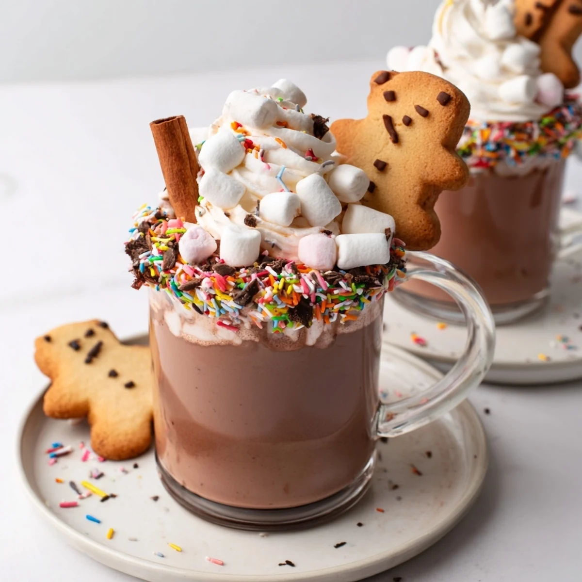 A cozy bear hot cocoa board overflowing with marshmallows, whipped cream, and tempting dippable treats.