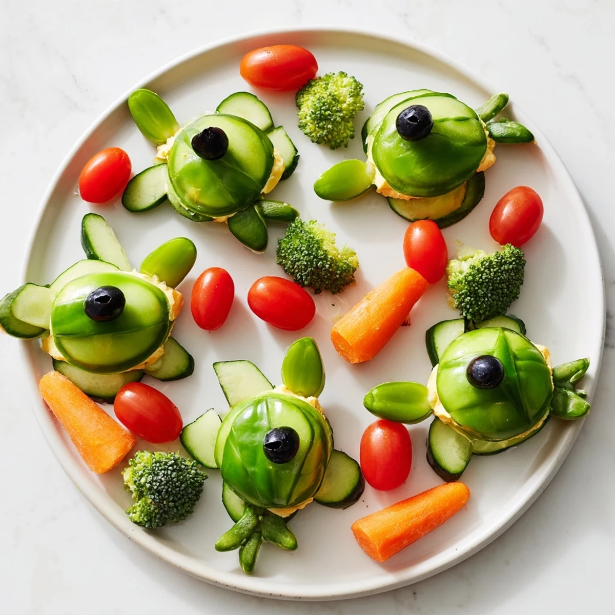 Slow & Savory Turtle Crudités arranged imaginatively on a platter with vibrant, colorful vegetable companions.