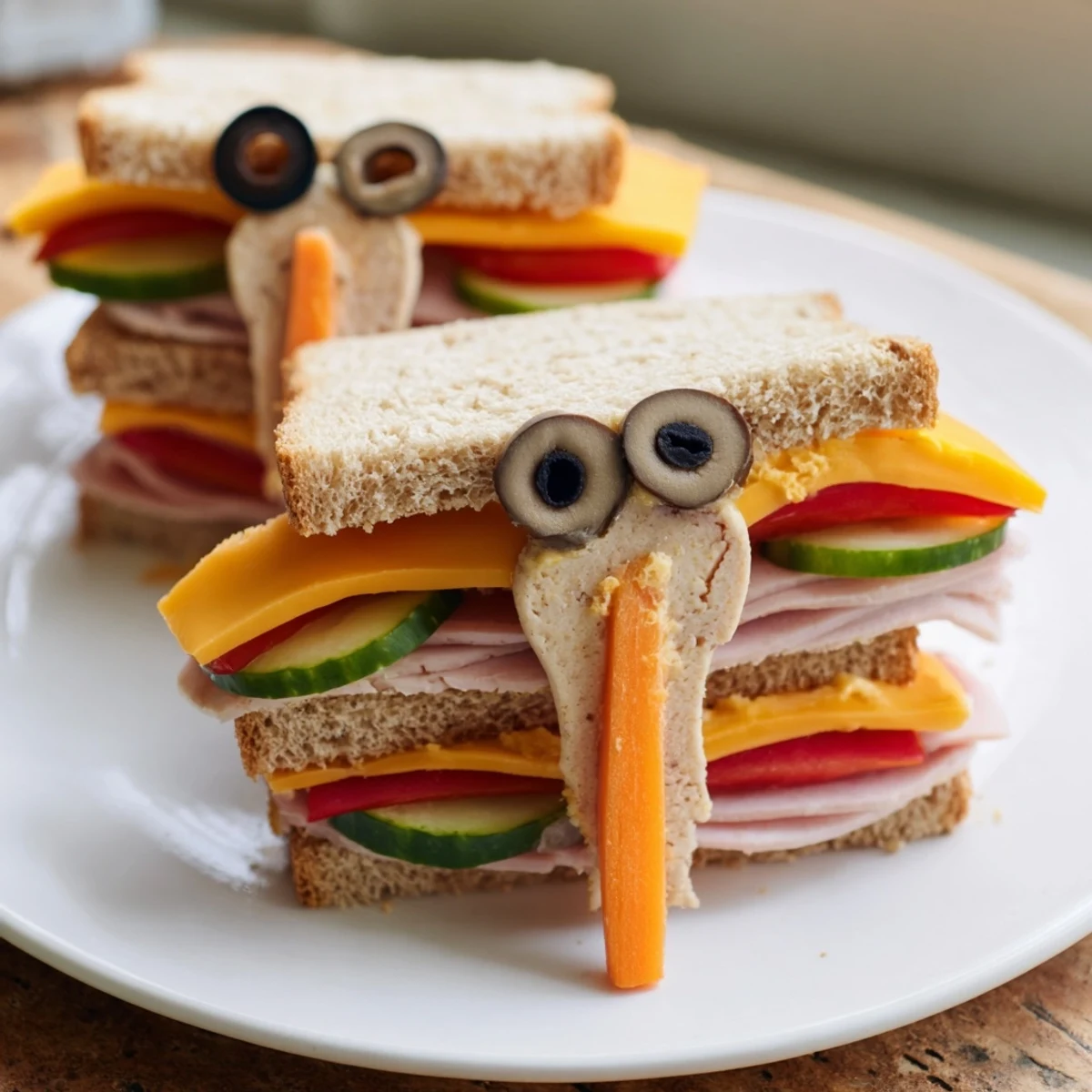 Un plateau ludique de sandwichs éléphants, parfait pour une fête, avec des olives pour les yeux.