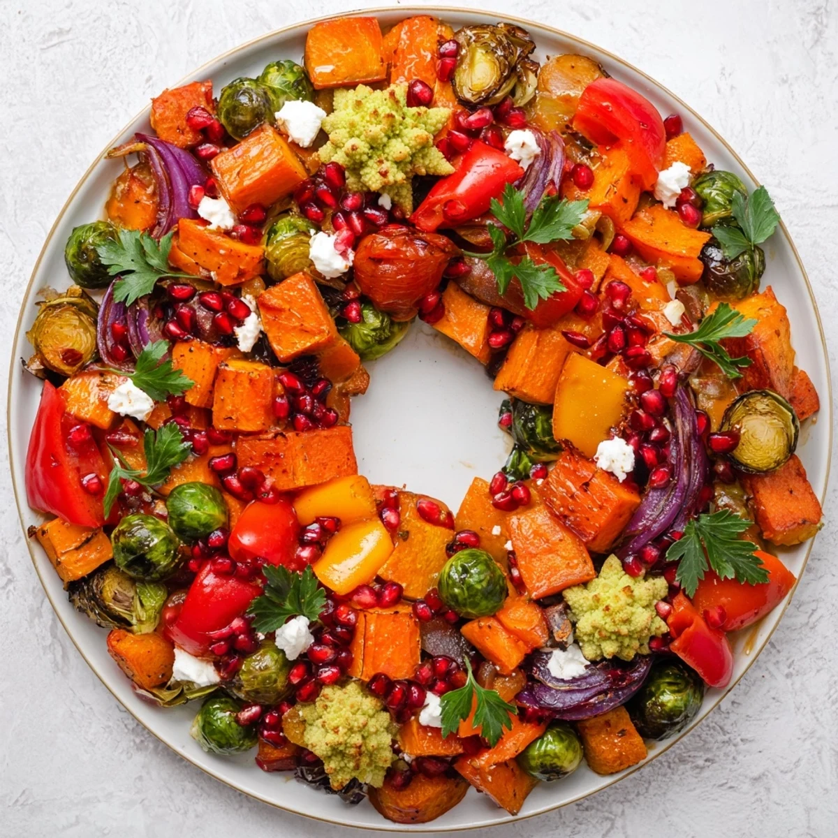 A close-up shot of the stunning Festive Vegetable Christmas Wreath, garnished and ready for serving.