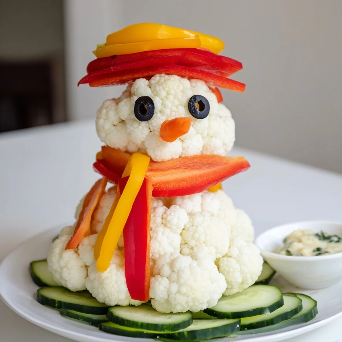 Crisp Snowman Crudités surrounded by fresh vegetables, ready to dip into creamy herbed sauce.