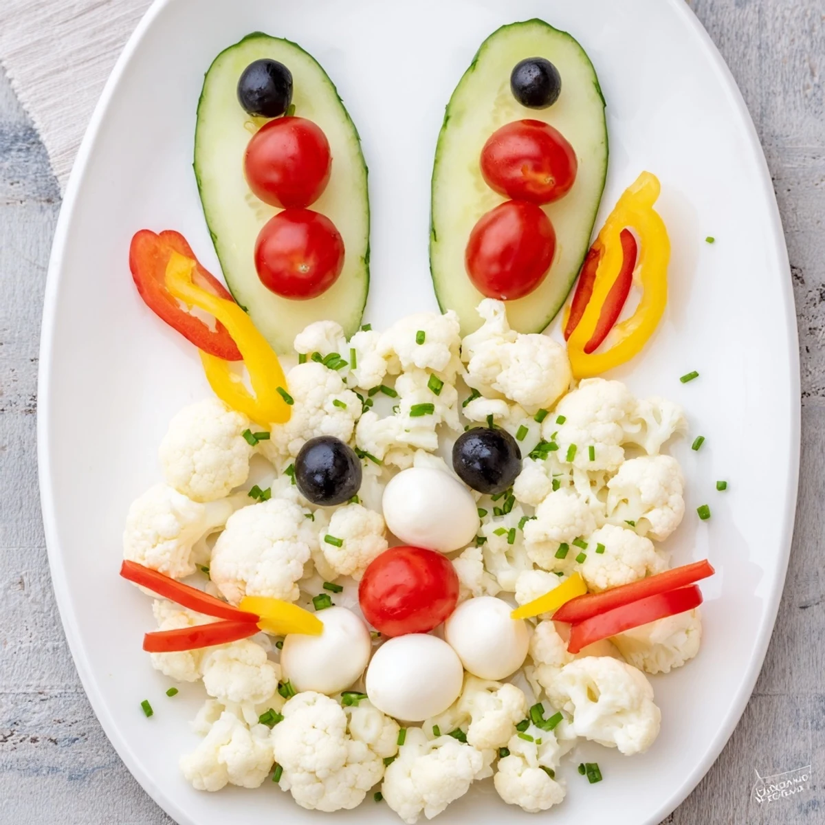 Easter Bunny Spring Platter brimming with colorful veggies, dips, and crackers for a festive gathering.