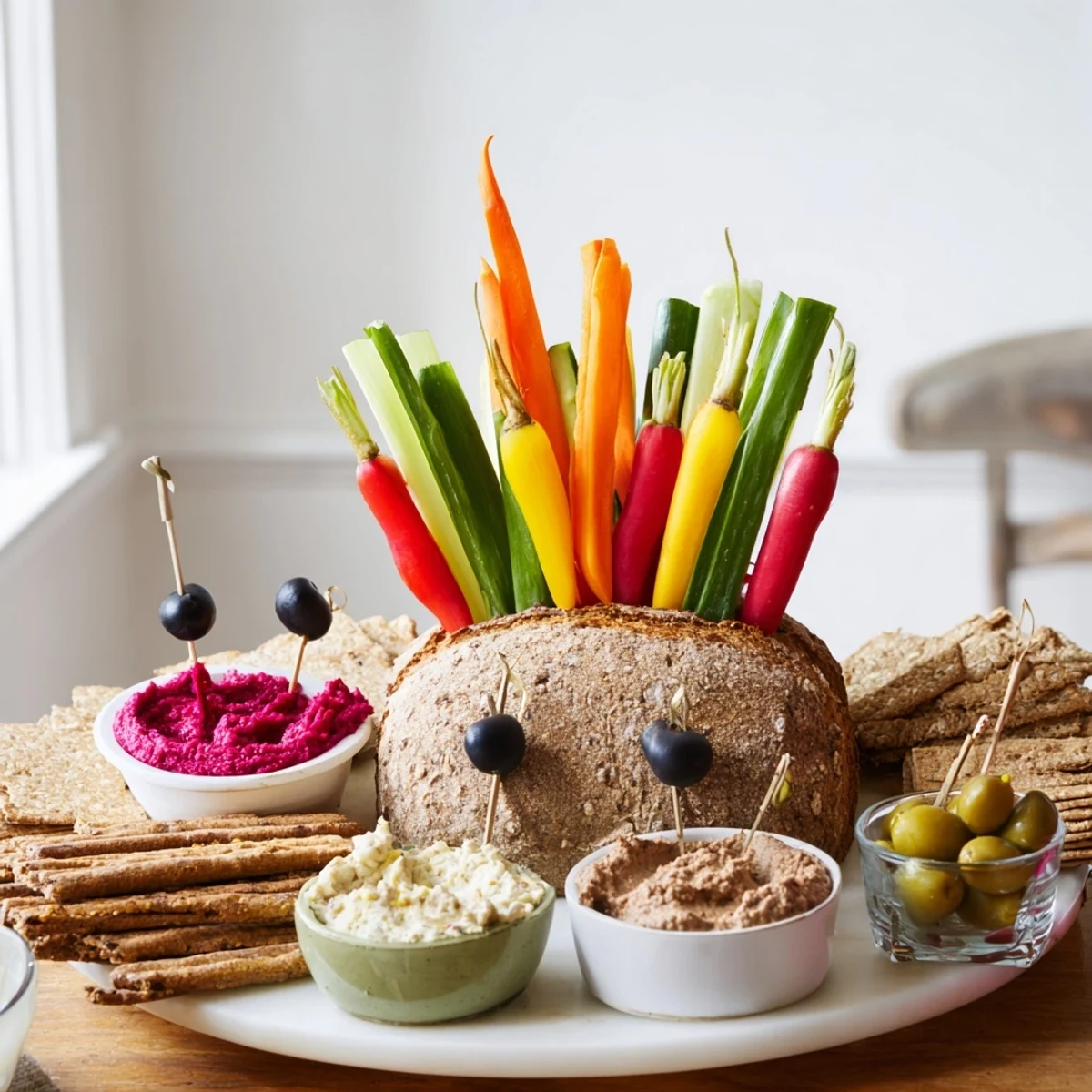 Autumn Hedgehog Dip Platter featuring hummus and colorful vegetable spines makes a festive appetizer.
