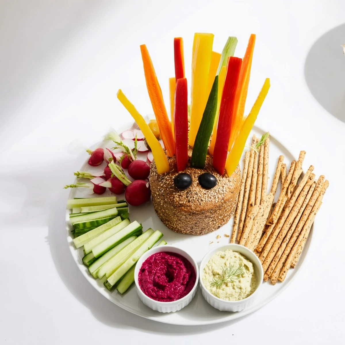 A close-up view of the delicious Autumn Hedgehog Dip Platter, perfect for sharing at any fall gathering.