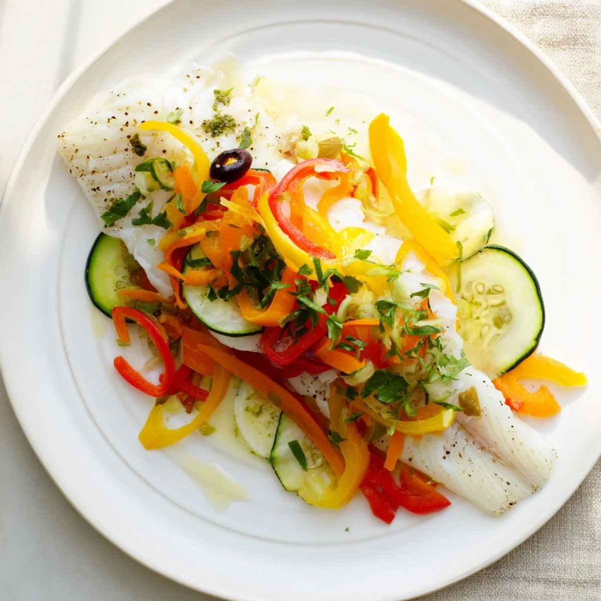 Light Fish-Shaped Meal: A colorful, baked fish dish with vegetable scales and olive eyes, ready to eat.