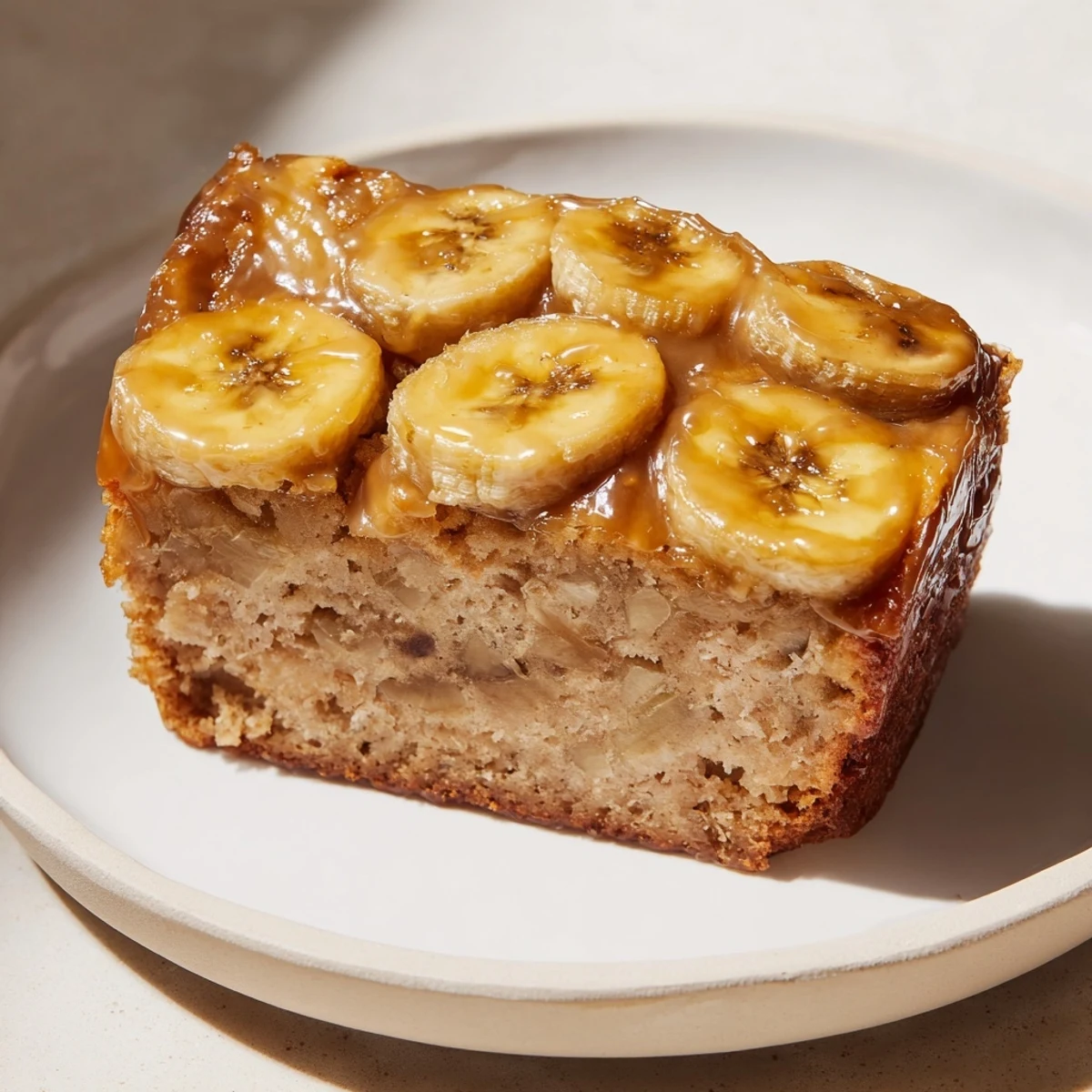 A close-up of Banana Bread Cake showing caramelized bananas glistening beautifully on top.