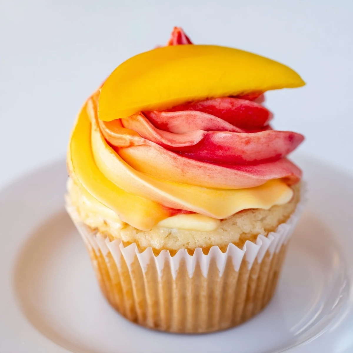 A vibrant, close-up photo of Mango Strawberry Sunset Cupcakes, frosted with a beautiful swirl.