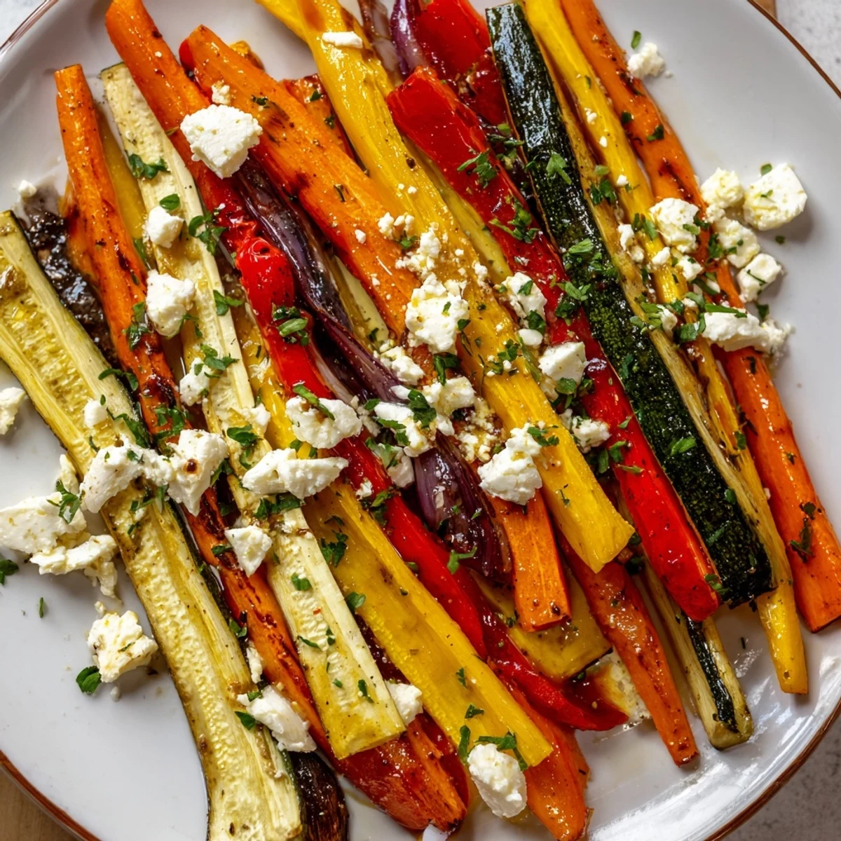 Vibrant photo of Christmas Sleigh Veggie Rails: colorful roasted vegetable appetizer, ready to serve with optional feta.