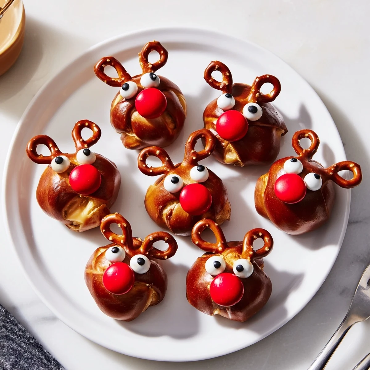 Festive Rudolf's Red Nose Pretzel Bites with red candy noses, perfect for holiday snacking.