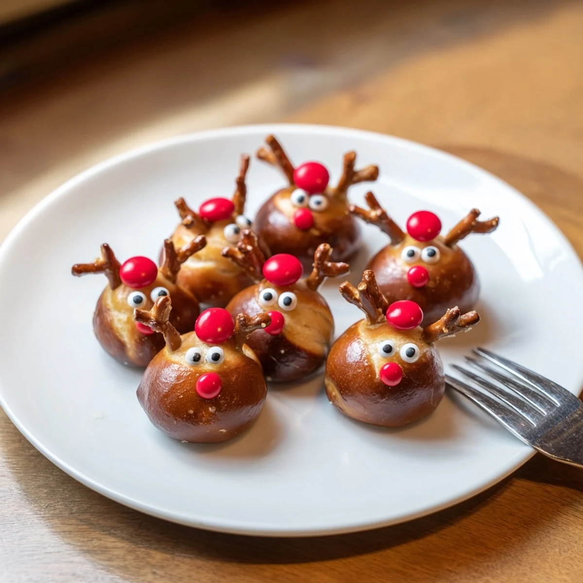 Cheesy Rudolf's Red Nose Pretzel Bites, golden brown, with pretzel antlers and bright red candy noses.