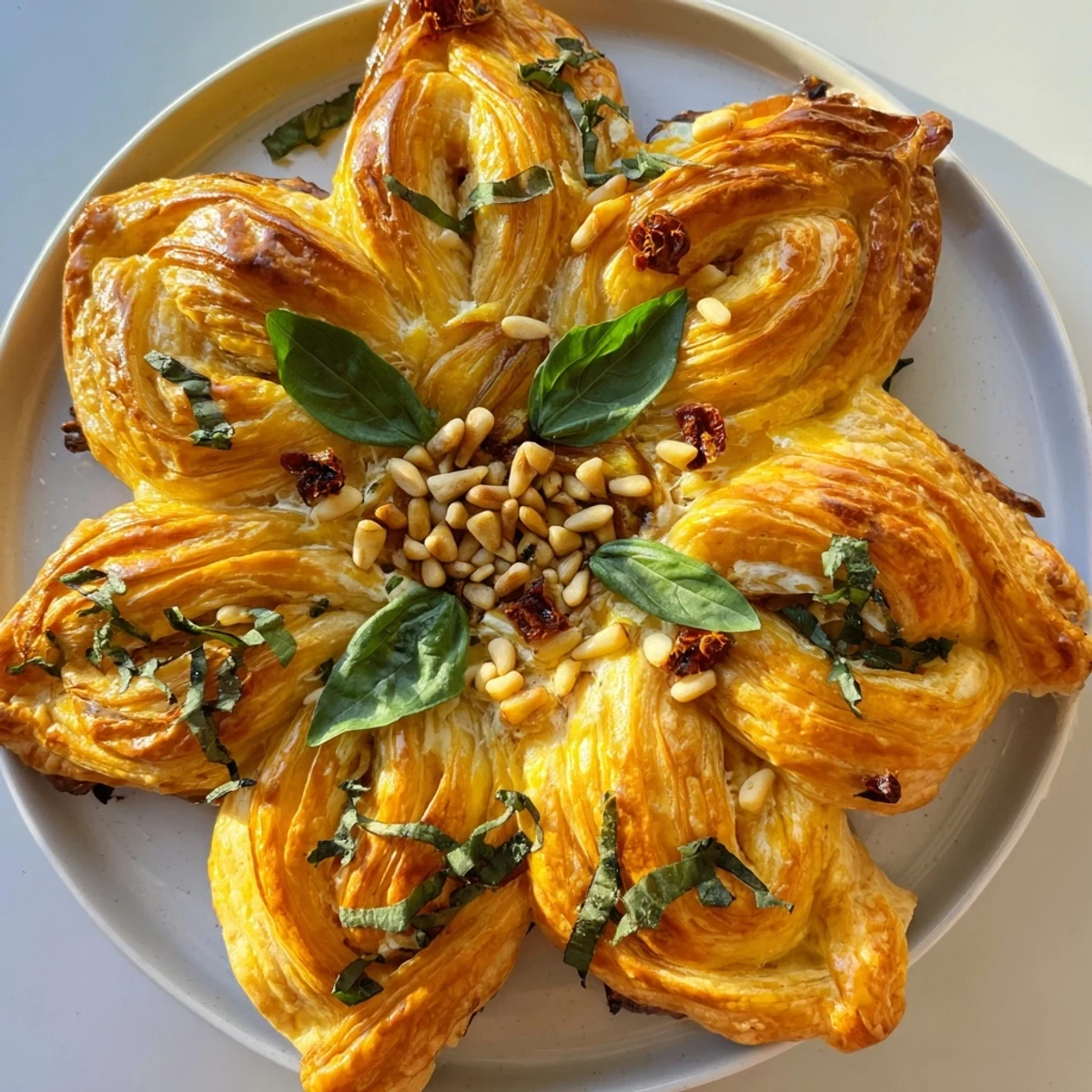Flaky, golden poinsettia puff pastry appetizer, filled with creamy cheese and herbs, perfect for serving.