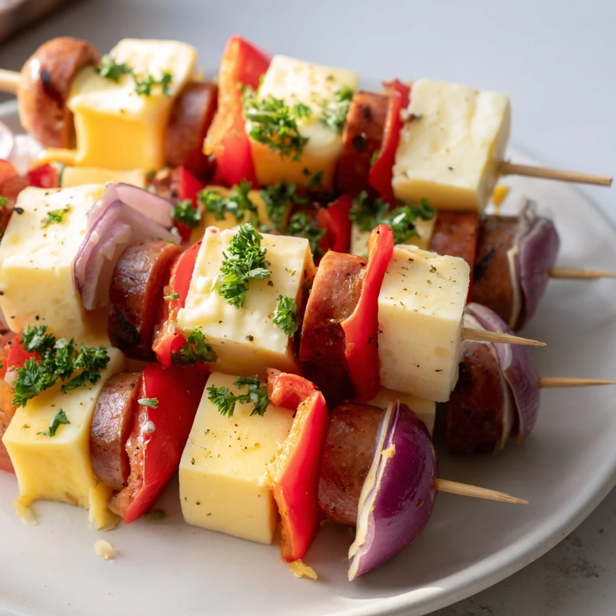 Grilled Savory Skewers: Chimney Stack Sausage and Cheese; imagine savory bites on skewers, delicious appetizer.