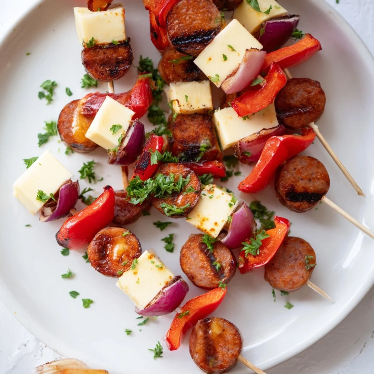 Appetizing Savory Skewers: Chimney Stack Sausage and Cheese with colorful grilled peppers and onions.