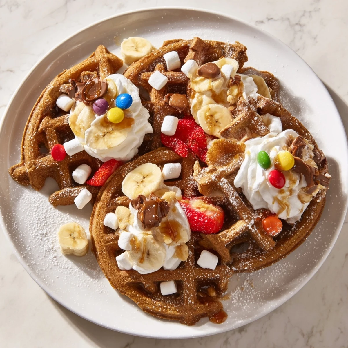 Festive gingerbread house waffle bar: a delicious breakfast with spiced waffles and colorful toppings.