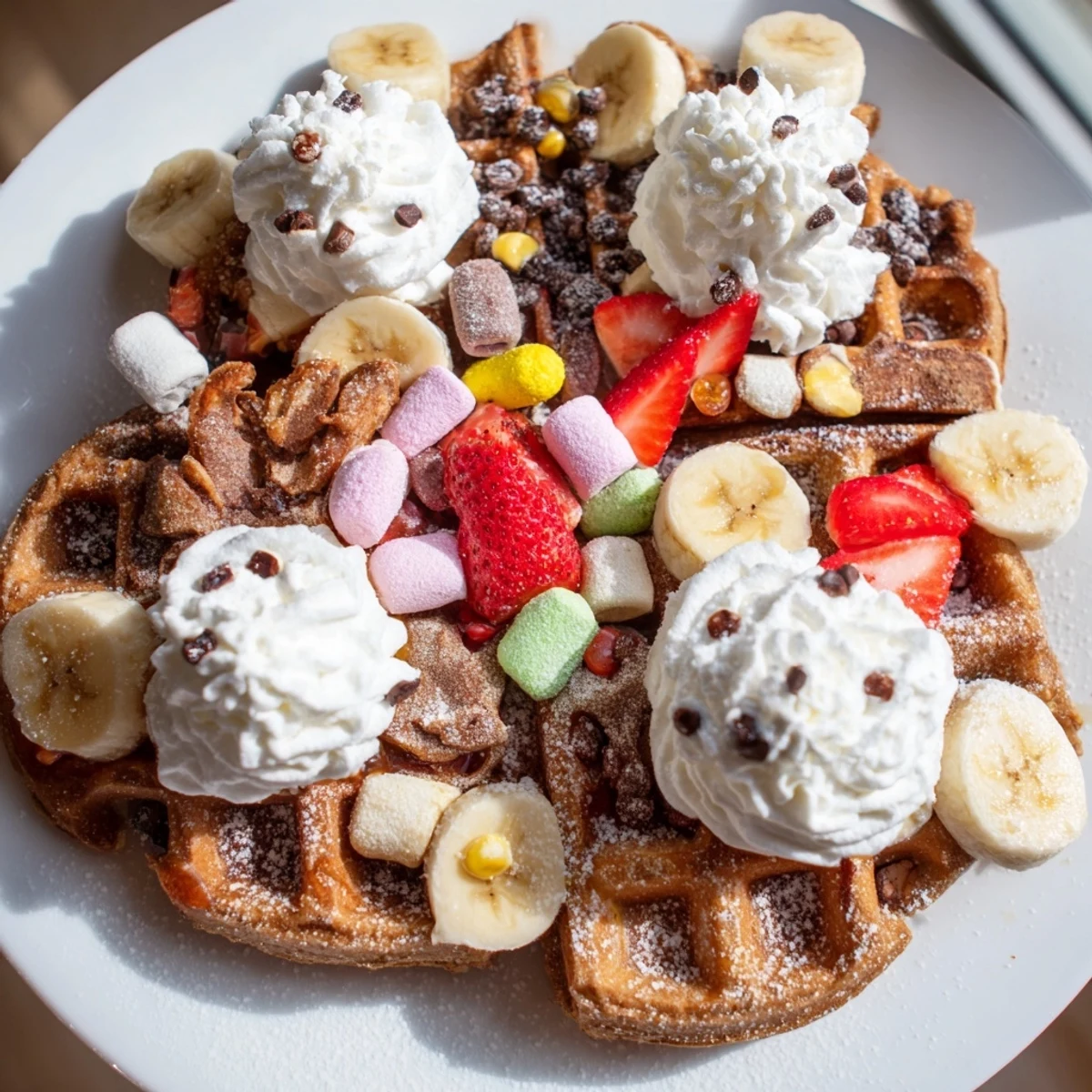 Build your own gingerbread house with these warm and crispy gingerbread waffles and fun toppings.