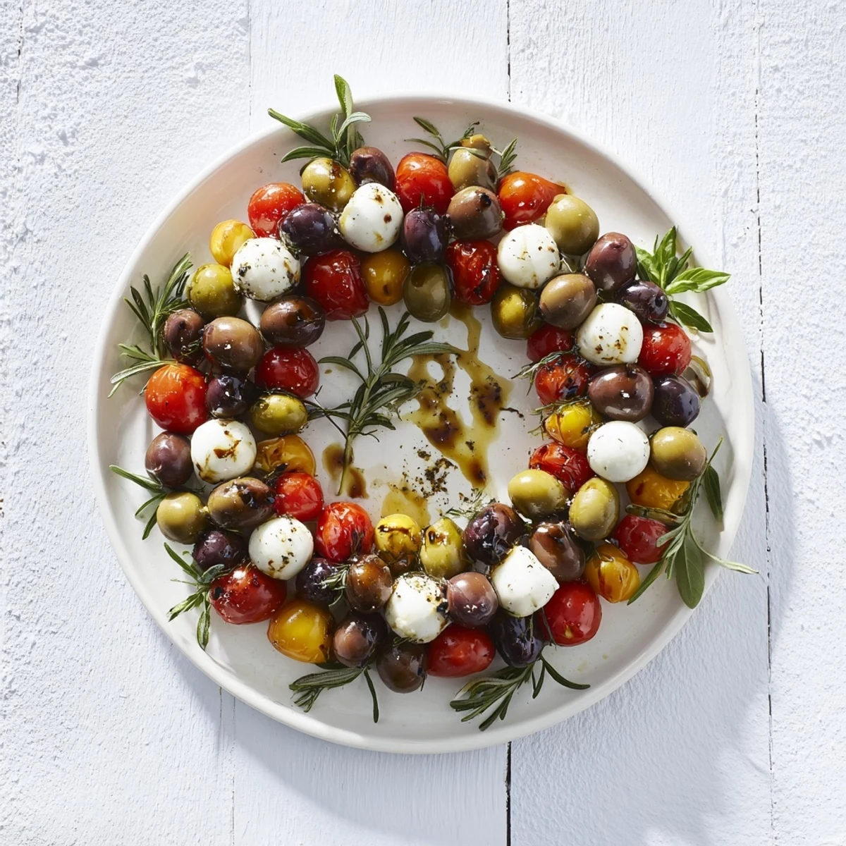 Festive olive and cherry tomato appetizer wreath, showcasing fresh herbs and a colorful, inviting presentation.