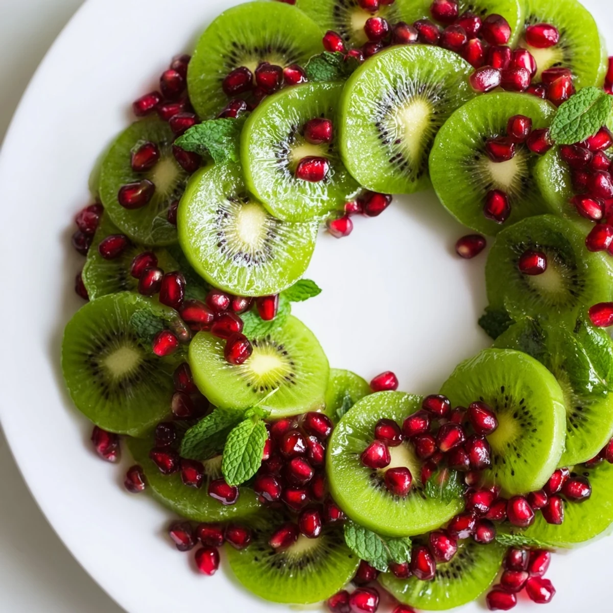 Imagine a beautiful kiwi and pomegranate Christmas wreath, perfect for Christmas, adorned with juicy red jewels for the holidays.
