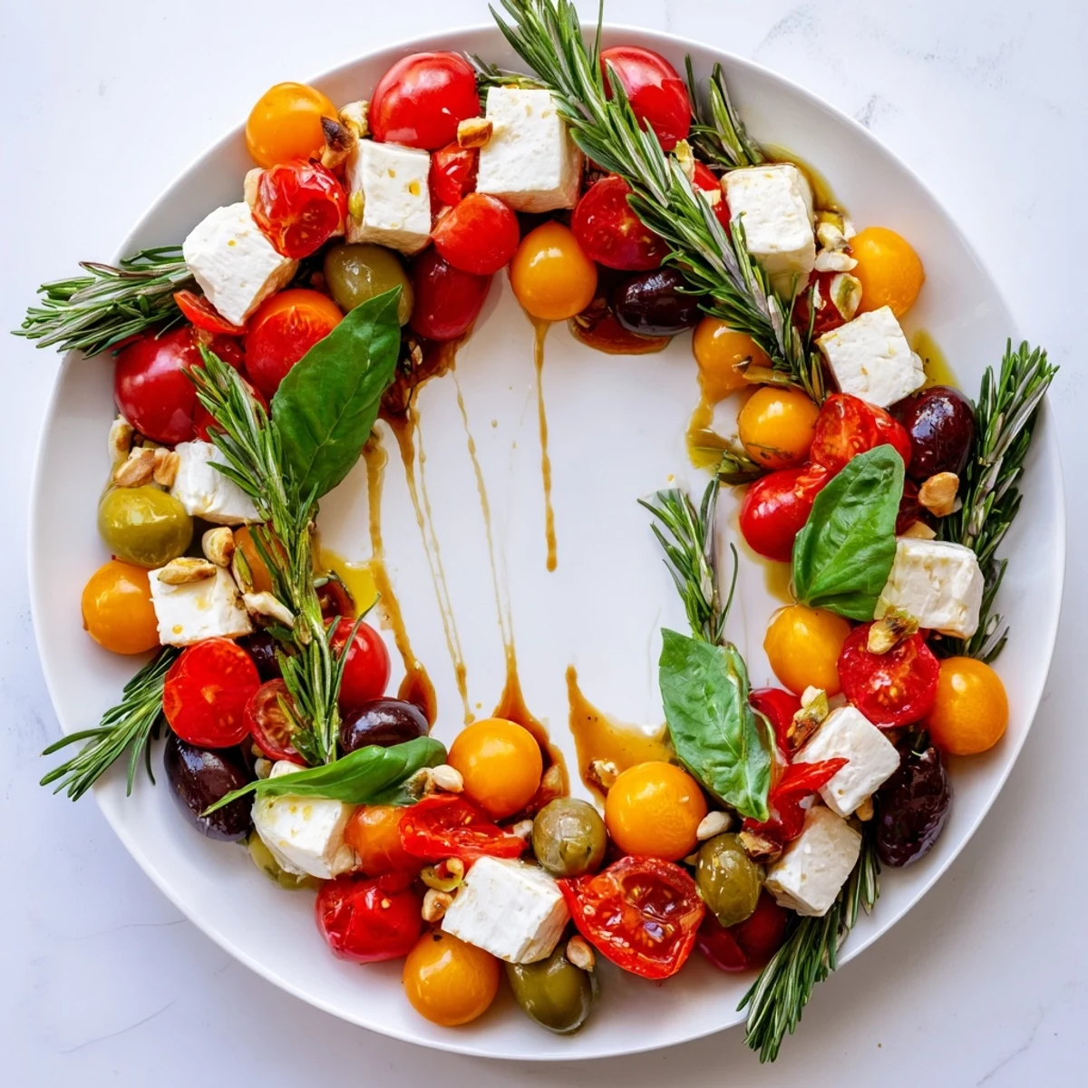 A visually appealing Olive and Cherry Tomato Garland Board, perfect for a Mediterranean appetizer board served with bread.