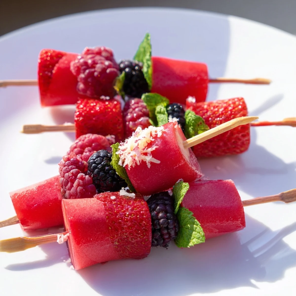 Vibrant fruit skewers with fresh berries and mint, a colorful and refreshing dessert.
