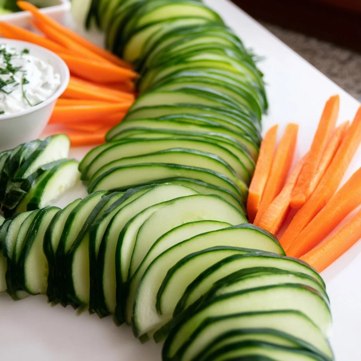 Veggie Platter: Fan-shaped arrangement of cucumbers and carrots, vibrant and enticing for healthy appetizers.