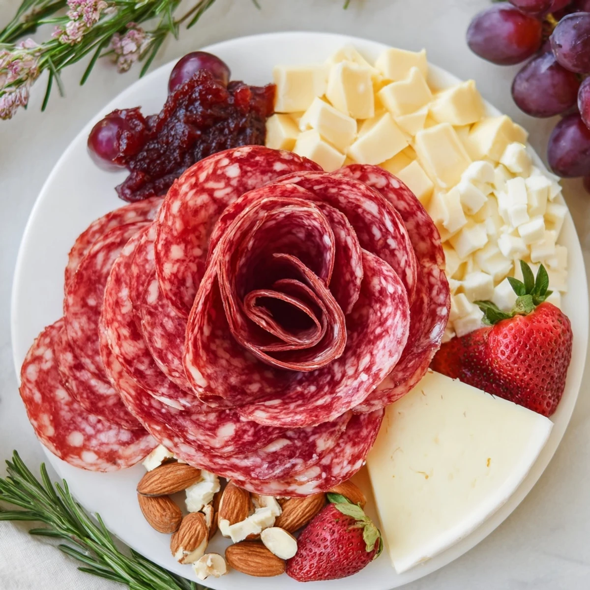 A single-serving Easy Charcuterie board with salami rose, cheese, and fresh fruit for snacking.