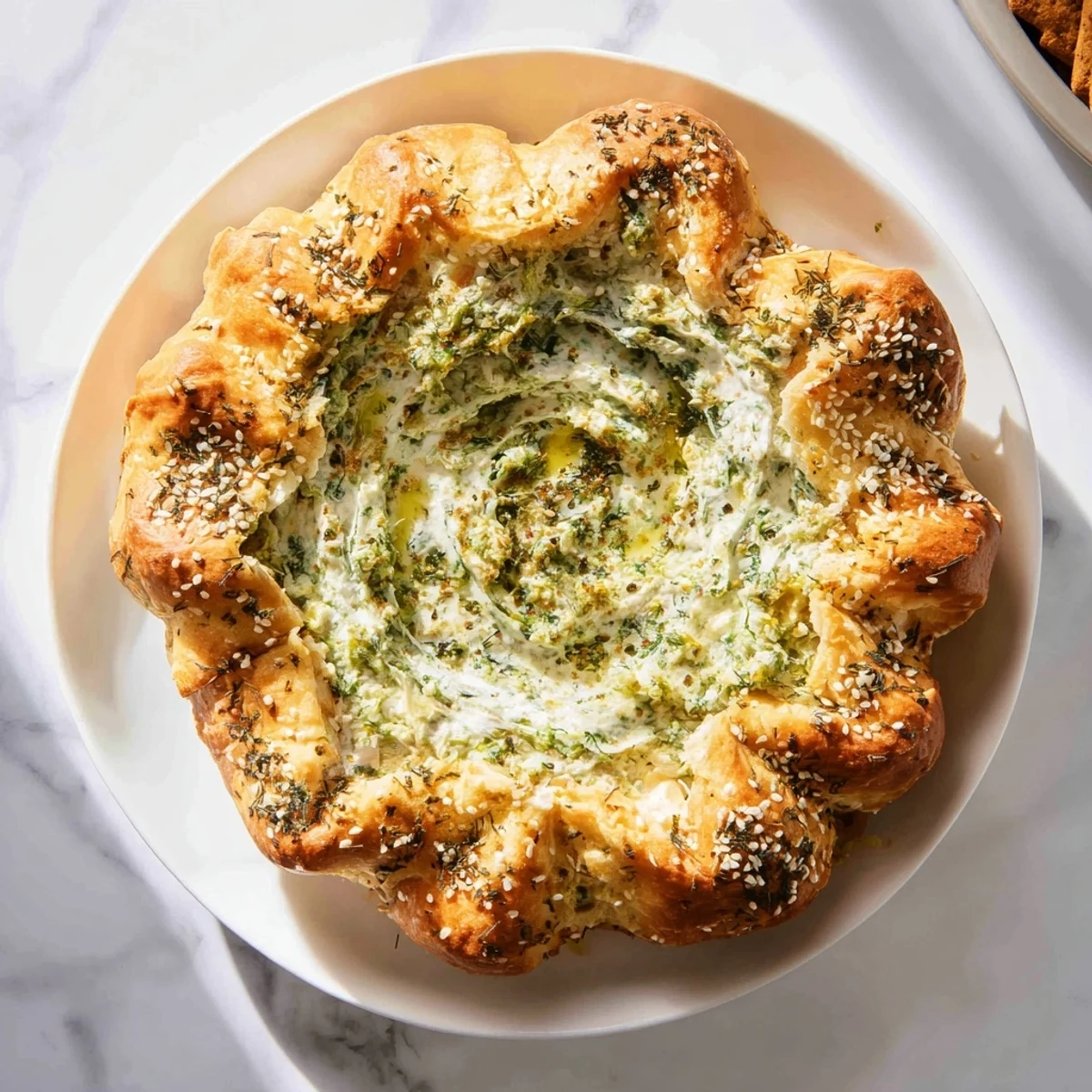Crispy cracker edges surround a vibrant star-shaped pesto dip perfect for holiday gatherings.
