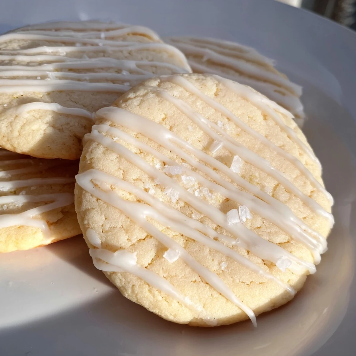Festive Holiday Cookies with Icing Drizzle: buttery round cookies drizzled with sweet white icing.