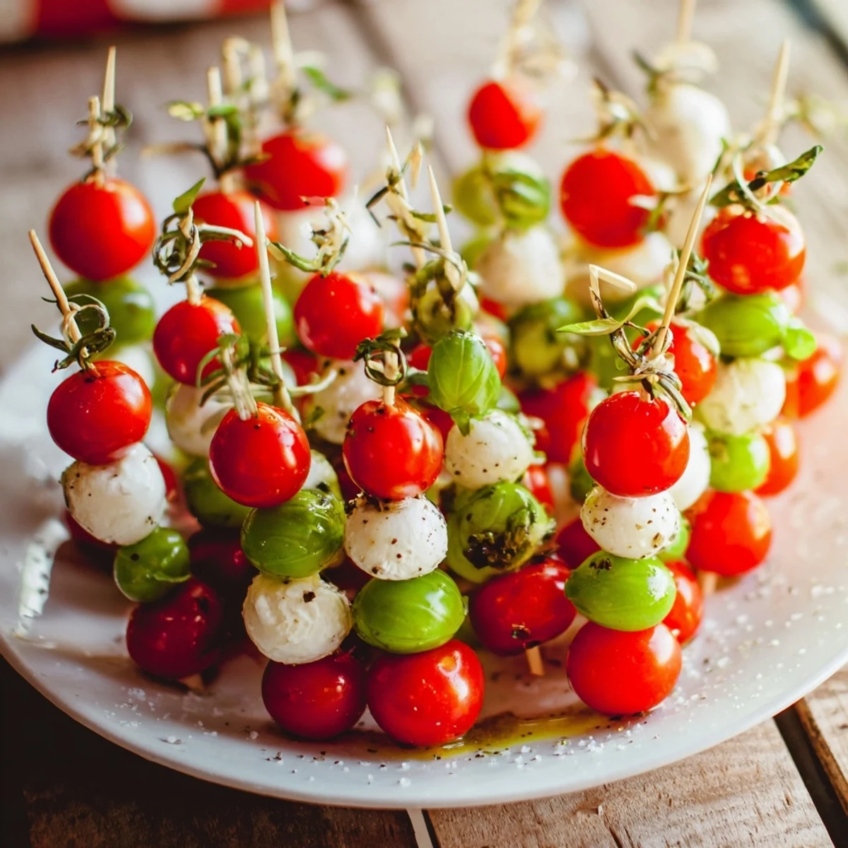 Festive Red and Green Caprese Skewer Tree, a beautiful appetizer perfect for holiday parties.